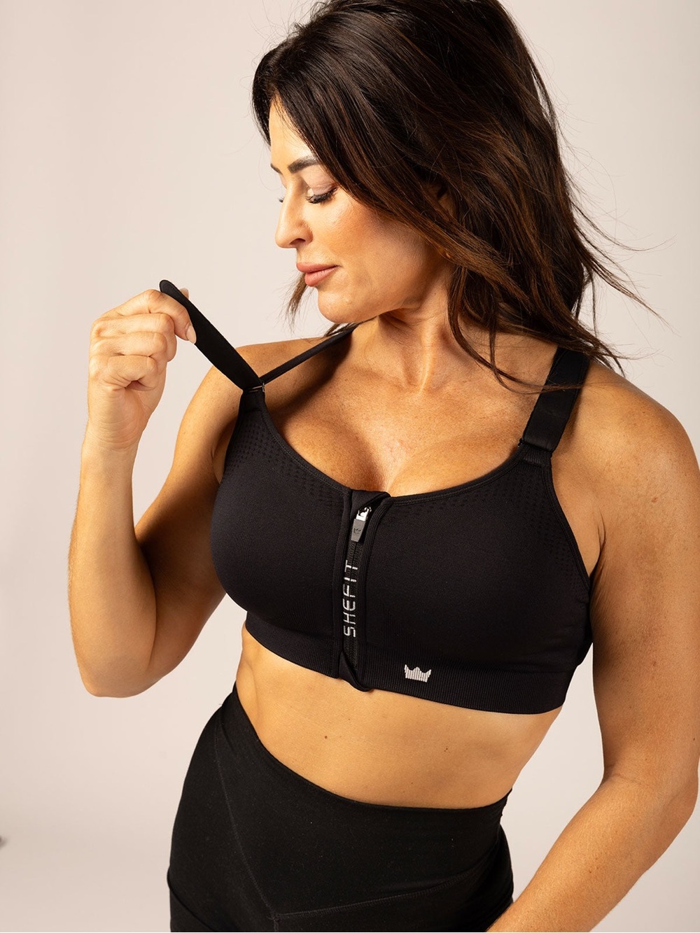 SHEFIT Low Impact Front Zip Adjustable Support Sports Bra (discontinued black)